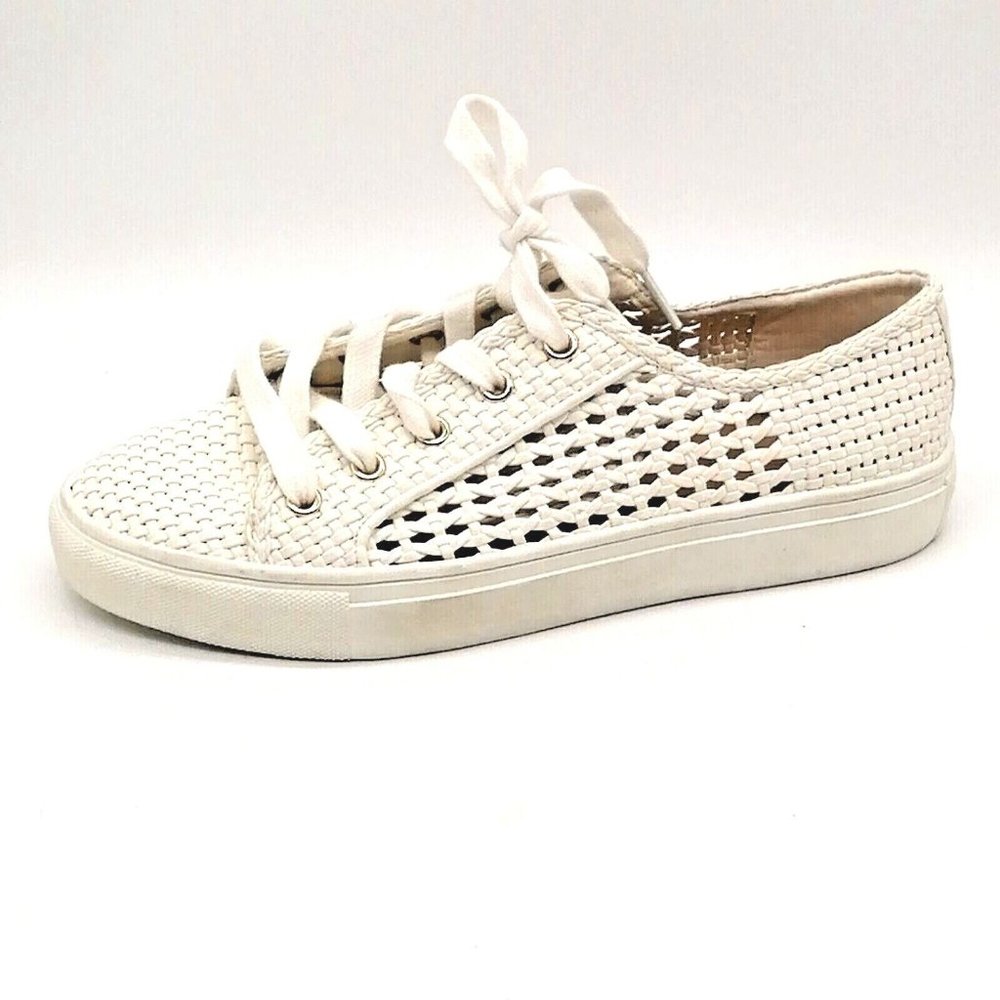 Loft Womens Lace Up Sneaker White Woven Flat Heel Round Toe Cushioned Sz 7.5 M